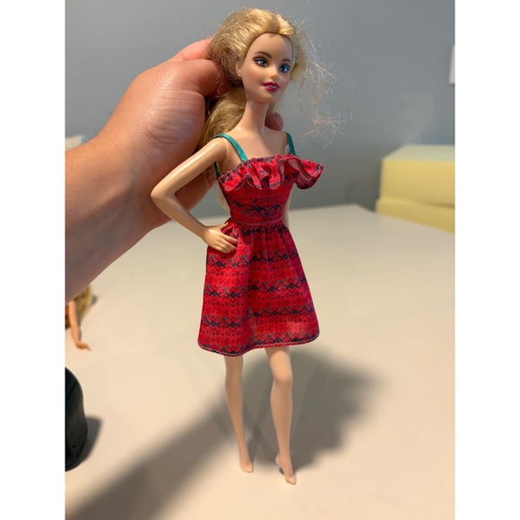 Barbie Other - Mattel Barbie Doll FHT54 Blonde Hair Blue Eyes Red Ruffle Geometric Dress 2003